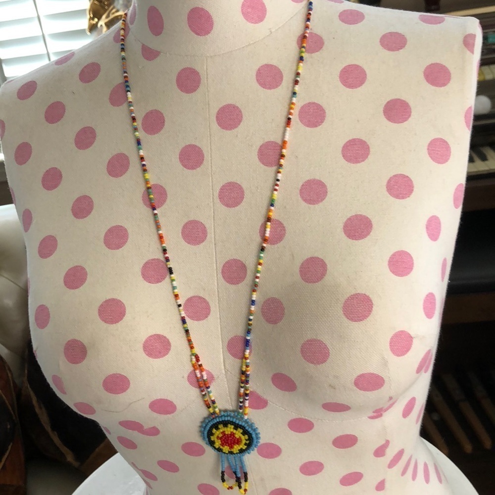 Vintage Native American Multi Color Beaded Necklace with Shield Pendant